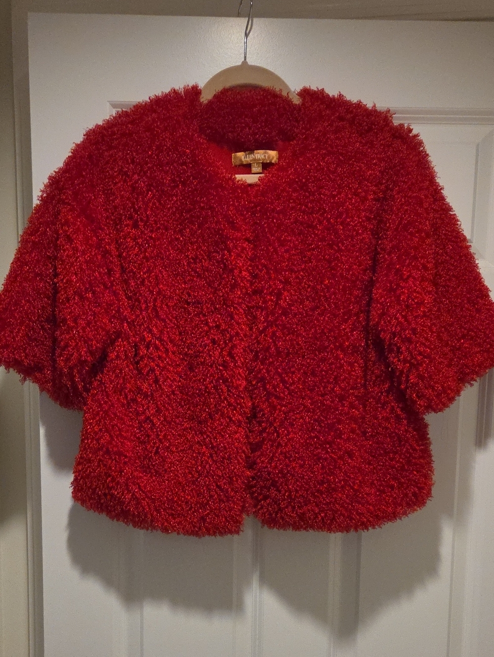 Ellen Tracy Plush Red Short-Sleeve Teddy Coat